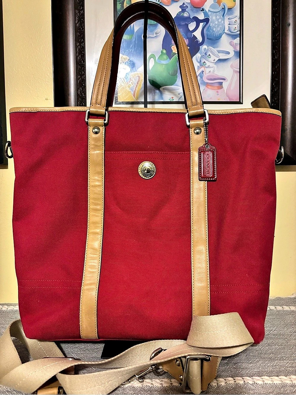 Coach Red & Brown Tote Bag with Shoulder Strap